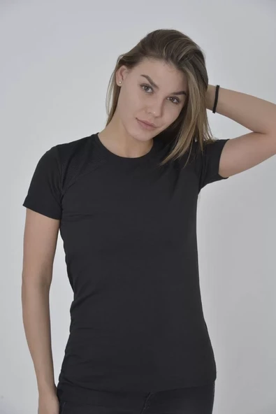 Kadın Omuz Fileli Slim Fit T-shirt - Siyah - 1