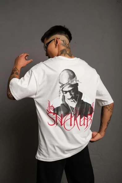 Erkek Sırt Baskılı Oversize T-Shirt - Beyaz - 1