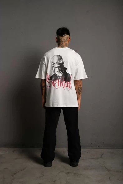 Erkek Sırt Baskılı Oversize T-Shirt - Beyaz - 3