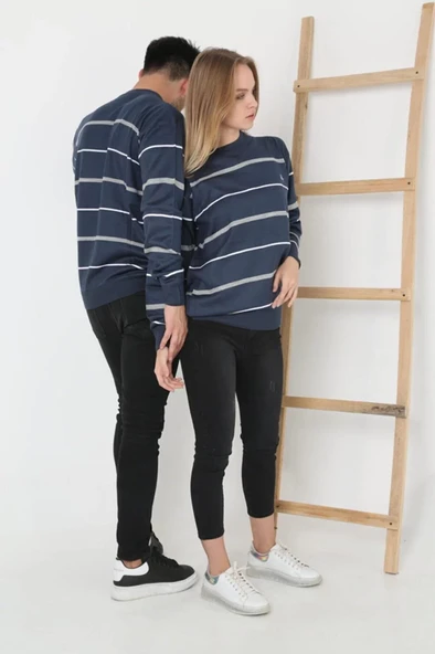 Erkek Çizgili Nakışlı Kazak - Mavi - 2