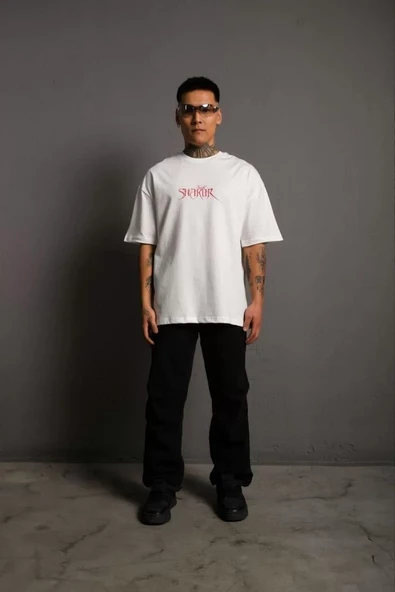 Erkek Sırt Baskılı Oversize T-Shirt - Beyaz - 4