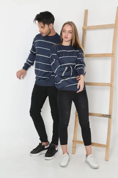 Erkek Çizgili Nakışlı Kazak - Mavi - 3