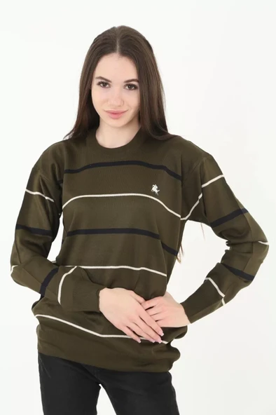 Kadın Çizgili Nakışlı Kazak - Yeşil - 2