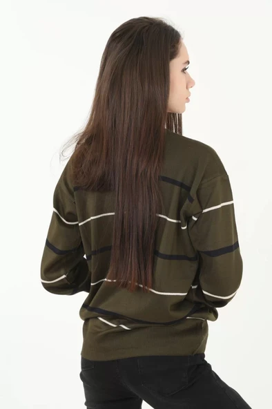 Kadın Çizgili Nakışlı Kazak - Yeşil - 3