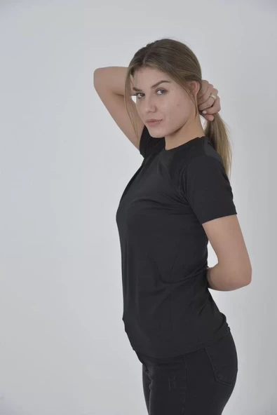 Kadın Omuz Fileli Slim Fit T-shirt - Siyah - 2