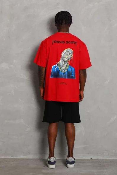 Unisex Oversize Baskılı Bisiklet Yaka T-Shirt - Kırmızı - 4