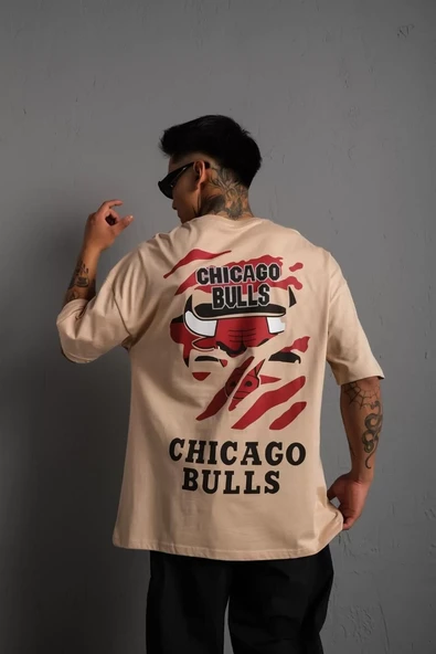 Erkek Sırt Baskılı  Oversize T-shirt - Bej - 2