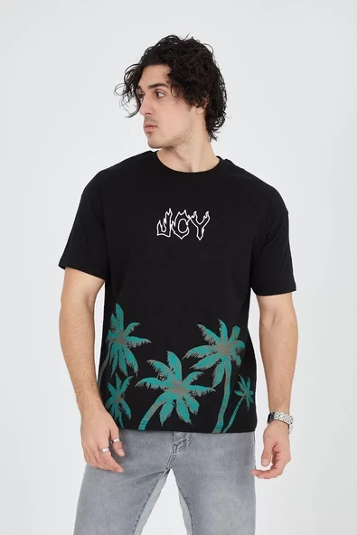 Erkek Baskılı Bisiklet Yaka T-Shirt - Siyah - 4