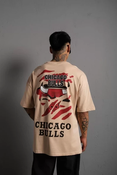 Erkek Sırt Baskılı  Oversize T-shirt - Bej - 5