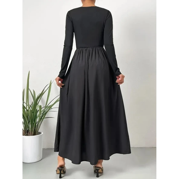 Lucky Life Kadın Uzun Kollu Bisiklet Yaka Uzun üst Viskon Alt Trikoton Elbise - Resim 6