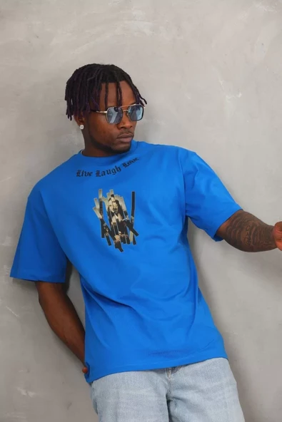 Unisex Oversize Baskılı Bisiklet Yaka T-Shirt - Mavi - 3