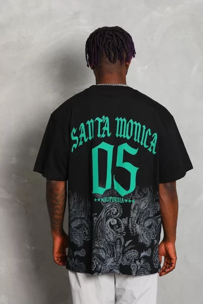 Unisex Oversize Baskılı Bisiklet Yaka T-Shirt - Siyah - 3