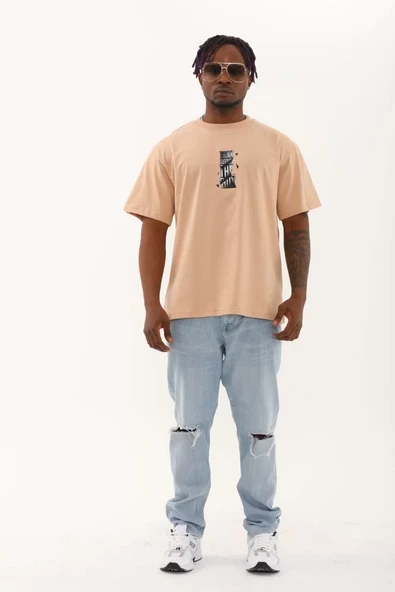 Unisex Oversize Baskılı Bisiklet Yaka T-Shirt - Bej - 3