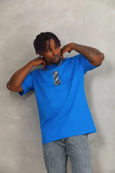 Unisex Oversize Baskılı Bisiklet Yaka T-Shirt - Mavi - 1