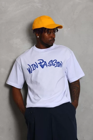 Unisex Oversize Baskılı Bisiklet Yaka T-Shirt - Beyaz - 1
