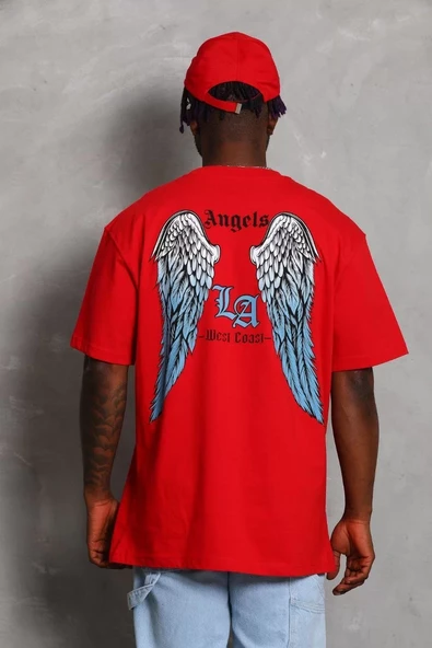 Unisex Oversize Baskılı Bisiklet Yaka T-Shirt - Kırmızı - 5