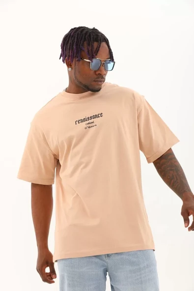 Unisex Oversize Baskılı Bisiklet Yaka T-Shirt - Bej - 2