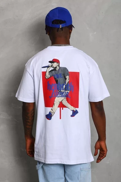 Unisex Oversize Baskılı Bisiklet Yaka T-Shirt - Beyaz - 5