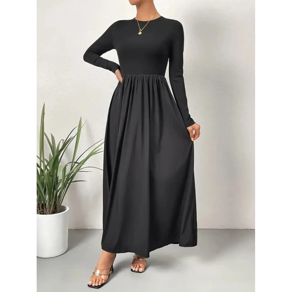 Lucky Life Kadın Uzun Kollu Bisiklet Yaka Uzun üst Viskon Alt Trikoton Elbise - Resim 4