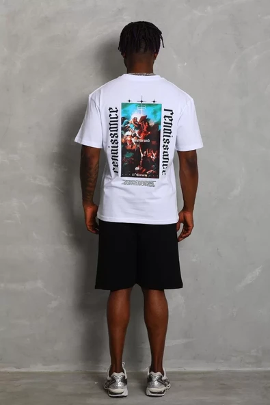 Unisex Oversize Baskılı Bisiklet Yaka T-Shirt - Beyaz - 4
