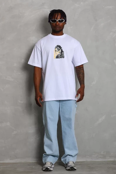 Unisex Oversize Baskılı Bisiklet Yaka T-Shirt - Beyaz - 3