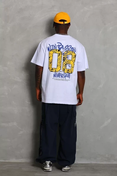 Unisex Oversize Baskılı Bisiklet Yaka T-Shirt - Beyaz - 2