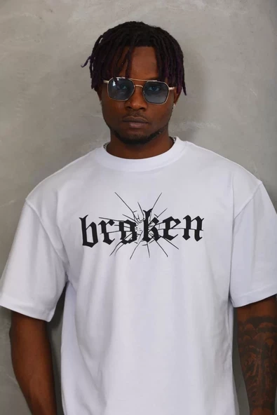 Unisex Oversize Baskılı Bisiklet Yaka T-Shirt - Beyaz - 3