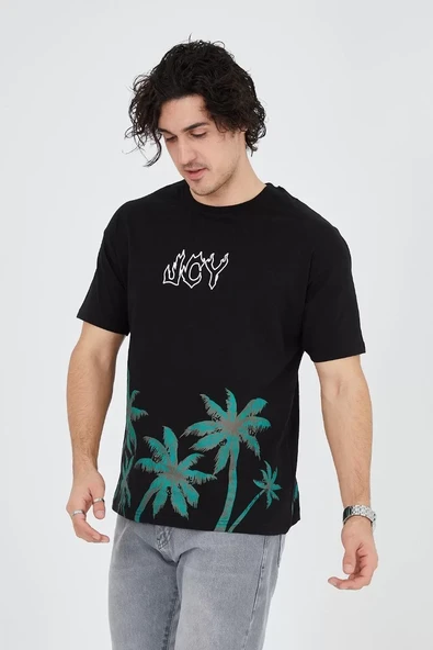 Erkek Baskılı Bisiklet Yaka T-Shirt - Siyah - 7