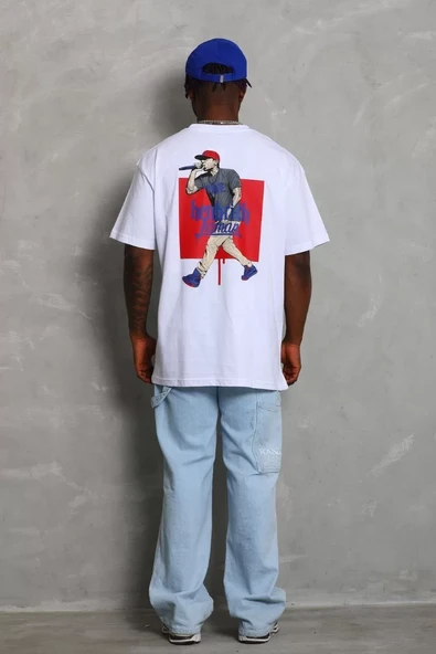Unisex Oversize Baskılı Bisiklet Yaka T-Shirt - Beyaz - 1