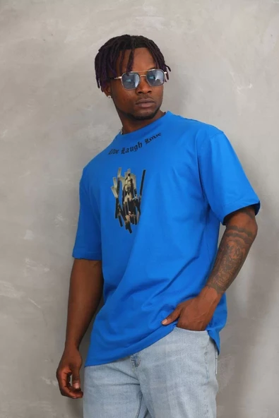 Unisex Oversize Baskılı Bisiklet Yaka T-Shirt - Mavi - 2