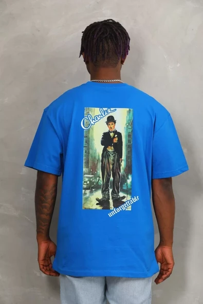 Unisex Oversize Baskılı Bisiklet Yaka T-Shirt - Mavi - 5