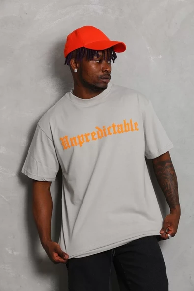 Unisex Oversize Baskılı Bisiklet Yaka T-Shirt - Gri - 4