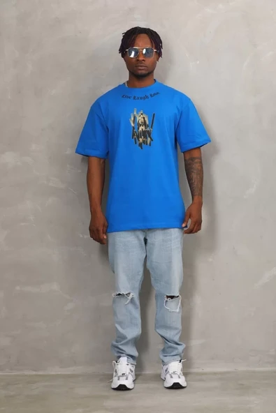 Unisex Oversize Baskılı Bisiklet Yaka T-Shirt - Mavi - 4