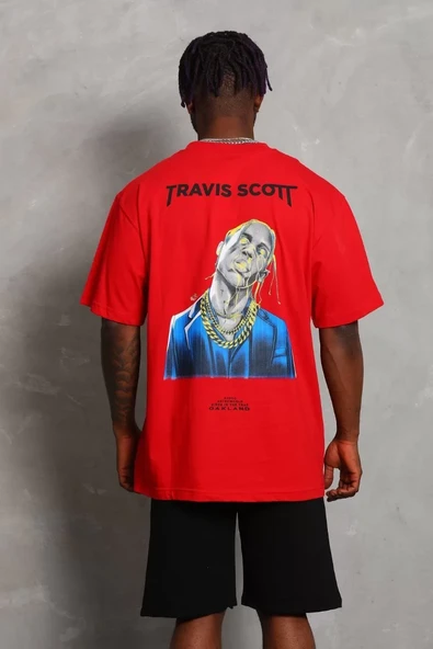 Unisex Oversize Baskılı Bisiklet Yaka T-Shirt - Kırmızı - 5