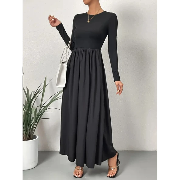 Lucky Life Kadın Uzun Kollu Bisiklet Yaka Uzun üst Viskon Alt Trikoton Elbise - Resim 3