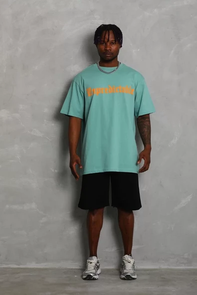 Unisex Oversize Baskılı Bisiklet Yaka T-Shirt - Mint Yeşili - 3