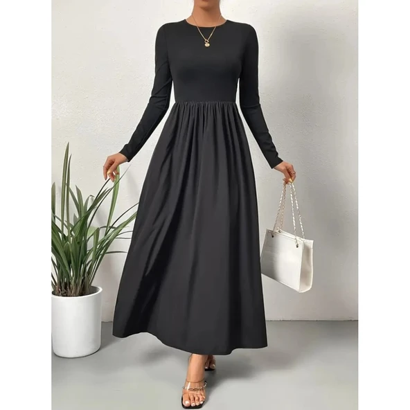 Lucky Life Kadın Uzun Kollu Bisiklet Yaka Uzun üst Viskon Alt Trikoton Elbise - Resim 2