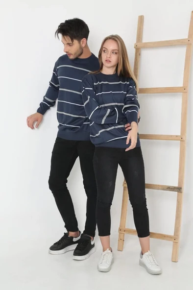 Kadın Çizgili Nakışlı Kazak - Mavi - 3