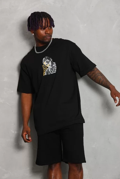 Unisex Oversize Baskılı Bisiklet Yaka T-Shirt - Siyah - 2