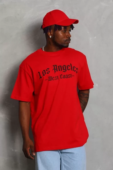 Unisex Oversize Baskılı Bisiklet Yaka T-Shirt - Kırmızı - 4