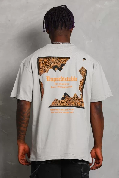 Unisex Oversize Baskılı Bisiklet Yaka T-Shirt - Gri - 5