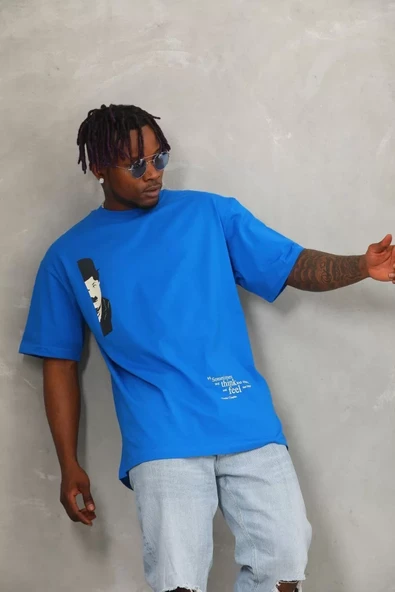 Unisex Oversize Baskılı Bisiklet Yaka T-Shirt - Mavi - 2