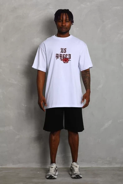 Unisex Oversize Baskılı Bisiklet Yaka T-Shirt - Beyaz - 5