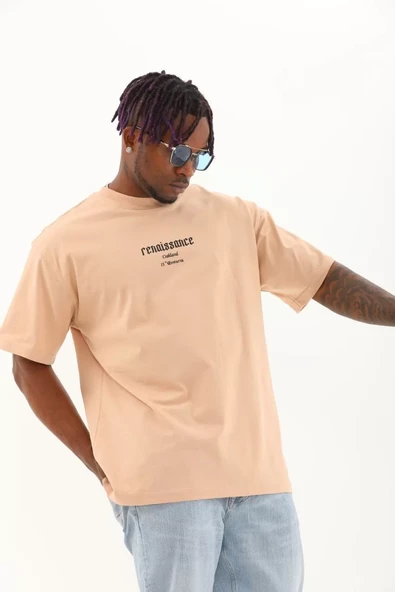 Unisex Oversize Baskılı Bisiklet Yaka T-Shirt - Bej - 3
