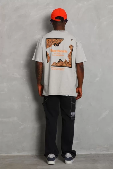 Unisex Oversize Baskılı Bisiklet Yaka T-Shirt - Gri - 3