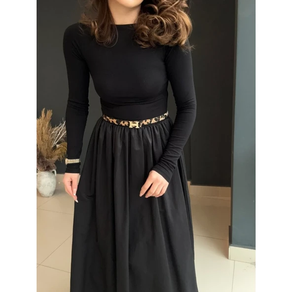 Lucky Life Kadın Uzun Kollu Bisiklet Yaka Uzun üst Viskon Alt Trikoton Elbise - Resim 9