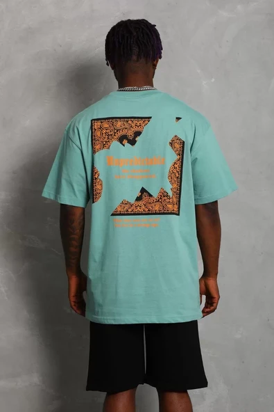 Unisex Oversize Baskılı Bisiklet Yaka T-Shirt - Mint Yeşili - 4