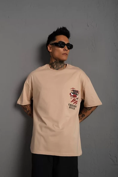Erkek Sırt Baskılı  Oversize T-shirt - Bej - 3