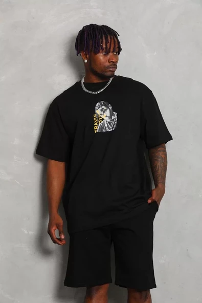 Unisex Oversize Baskılı Bisiklet Yaka T-Shirt - Siyah - 1
