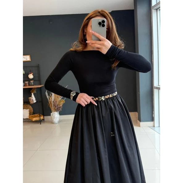 Lucky Life Kadın Uzun Kollu Bisiklet Yaka Uzun üst Viskon Alt Trikoton Elbise - Resim 10